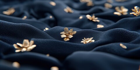 Abstract Navy Blue Fabric with Golden Flowers   Elegant Texture Background