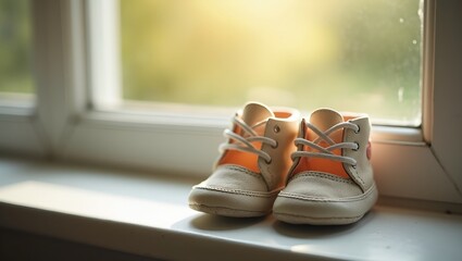 Adorable baby shoes on sunlit windowsill symbolizing innocence
