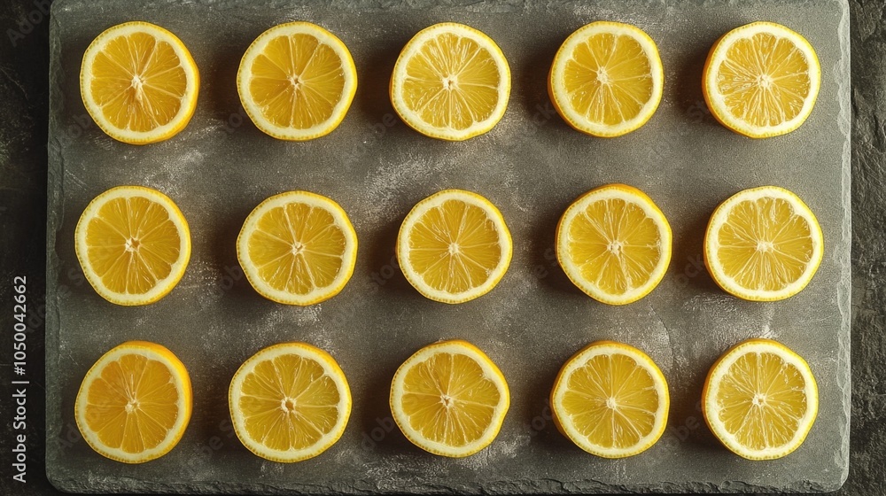 Poster close up of many slices of lemon on a black surface. the slices are cut in half and arranged in a ro
