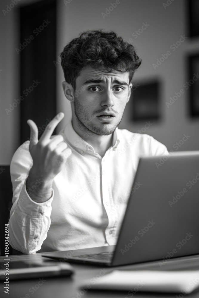Poster man is sitting at a desk with a laptop in front of him. he is looking at the laptop with a puzzled e