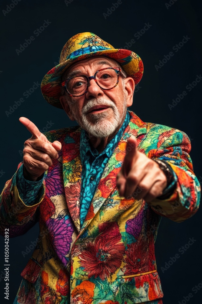 Poster man in a colorful suit with a flowery pattern on it is pointing at something. he has a big smile on 