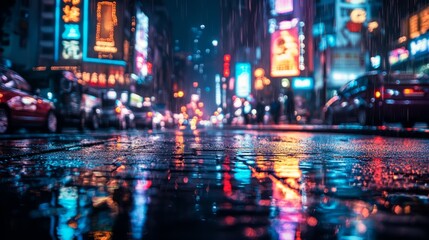 Obraz premium Vibrant Night Scene of a Rainy City Street