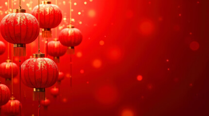 Traditional Red Chinese Lanterns Celebrating Lunar New Year Festival with Illuminated Background. Chinese New Year, Lunar new year, Spring festival and Oriental traditions concept