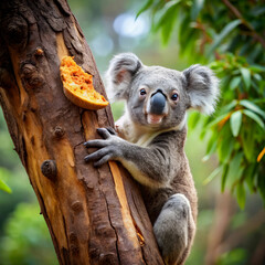 Fototapeta premium A comical koala finds itself stuck in a tree, hilariously attempting to eat a slice of pizza.