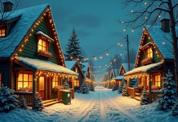 Fototapeta premium Cozy winter village at night with snow and festive lights
