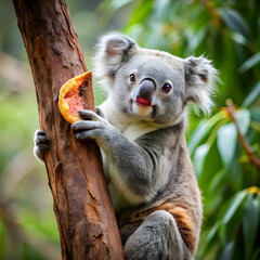 Obraz premium A comical koala finds itself stuck in a tree, hilariously attempting to eat a slice of pizza.