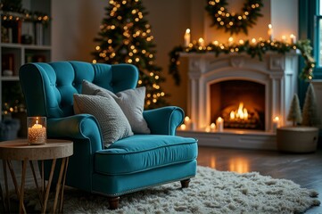 Naklejka premium Cozy holiday living room with fireplace and festive christmas decorations
