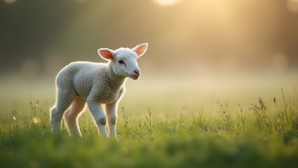 Fototapeta premium Innocent lamb in misty green field
