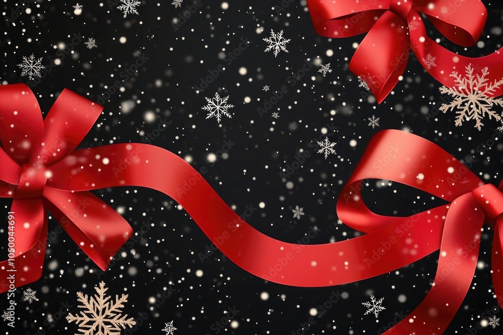 Poster black background with red bows and snowflakes. the snowflakes are falling on the bows, creating a fe