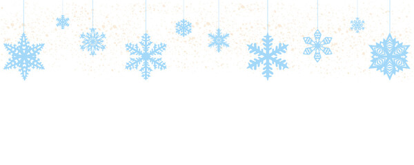Christmas greeting card with hanging snowflakes. Winter background with copy space. Vector illustration