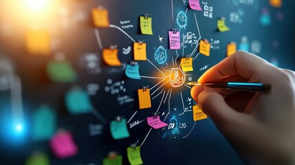 Colorful sticky notes arranged like a mosaic on a wall, creative task management,