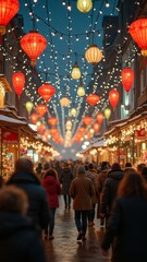 Obraz premium Festive lanterns illuminate a bustling winter market street at night