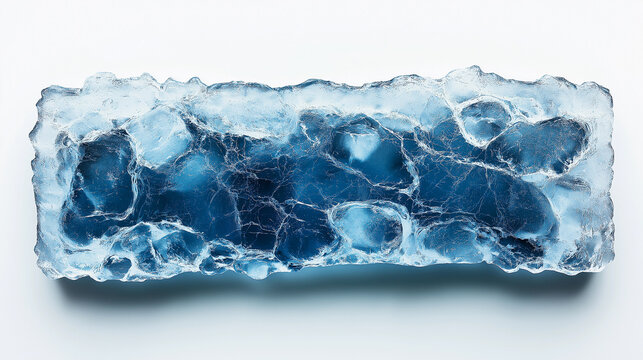Rectangular solid frame made of light blue ice. Business card made of ice shards.