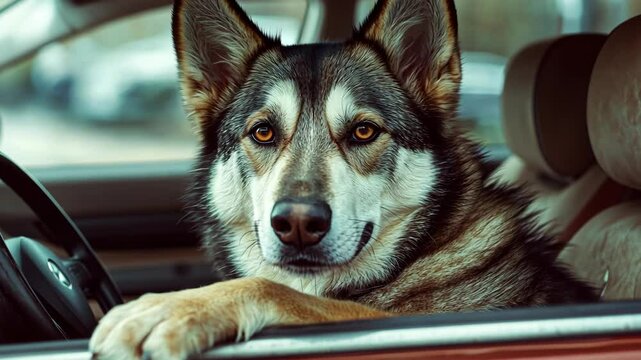 A wolfdog looks out the window of a car, ready for an adventure