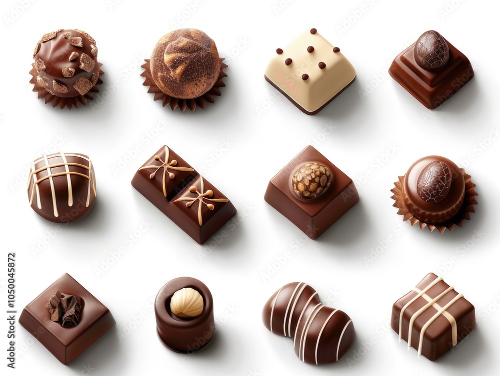 Poster collection of assorted chocolates with different shapes and sizes. concept of indulgence and luxury,
