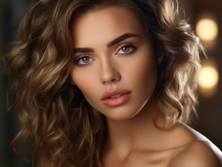 Naklejka premium Woman with long brown hair and green eyes is standing in front of a mirror. She is wearing makeup and has a smile on her face. Concept of confidence and self-assurance