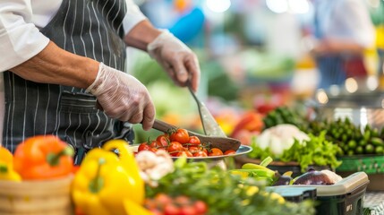 A nutritionist conducting a healthy cooking demonstration with fresh ingredients in a bustling farmer's market against a vibrant, lively background, macro shot