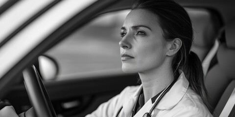Fototapeta premium Woman in a white lab coat is driving a car. She looks sad and is staring out the window