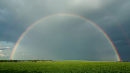 Vibrant rainbow over lush green fields post rain symbolizing hope and renewal