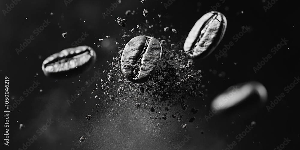 Poster close up of coffee beans in the air. the beans are scattered and some are falling to the ground. con