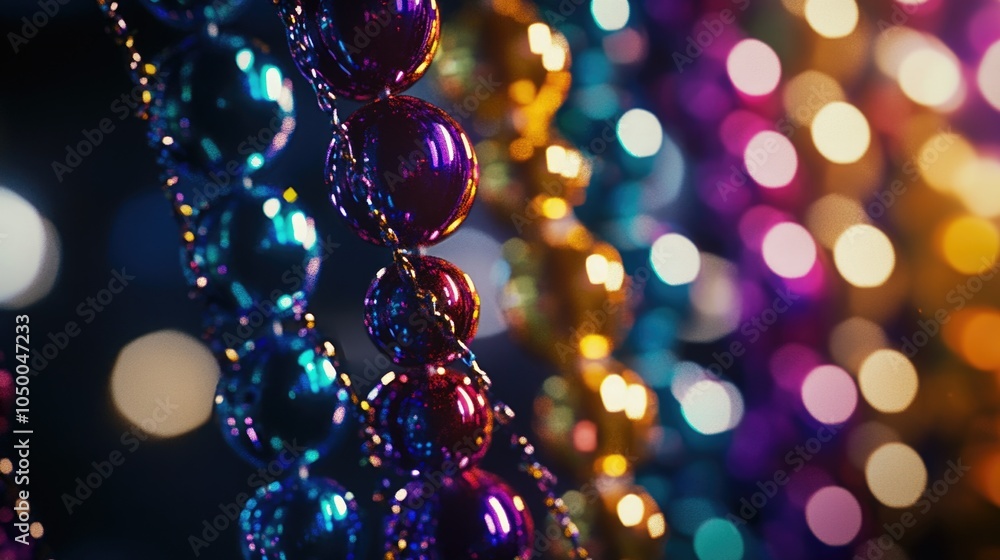 Poster string of beads with different colors and sizes. the beads are shiny and reflect light. the image ha