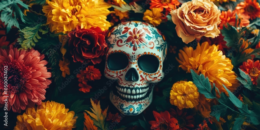 Poster skull is placed in a field of flowers, creating a contrast between the two elements. the skull is su