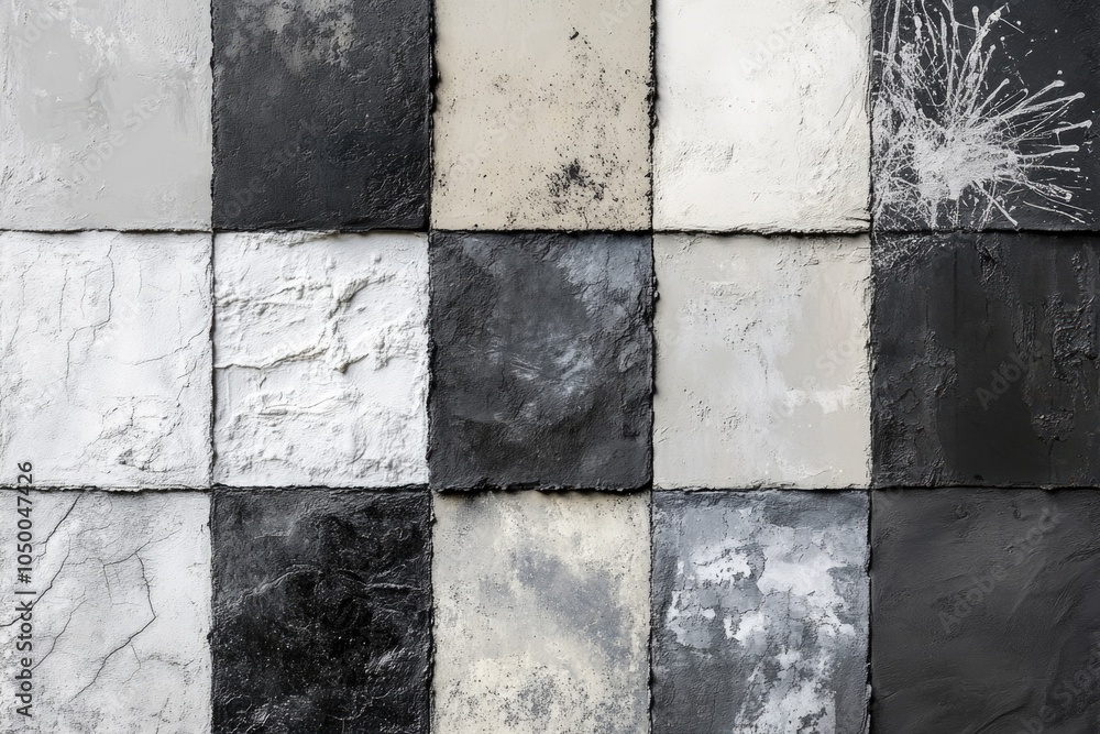 Poster wall with a black and white tile pattern. the tiles are arranged in a grid, with some squares being 