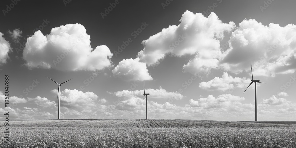 Aufkleber three wind turbines are standing in a field with a cloudy sky in the background. scene is calm and p
