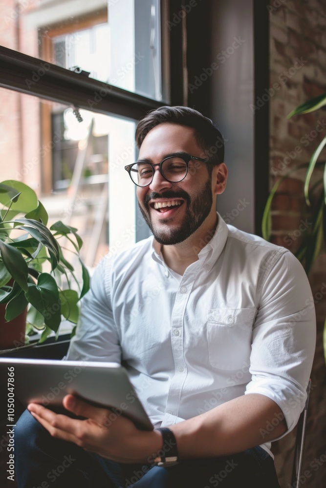 Aufkleber man is sitting in a chair with a tablet in his hand and a plant in the background. he is smiling and