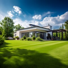 Obraz premium Luxury modern home with green lawn and blue sky backdrop