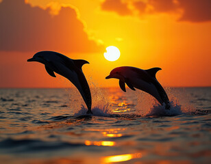 Fototapeta premium Dolphins leaping at sunset