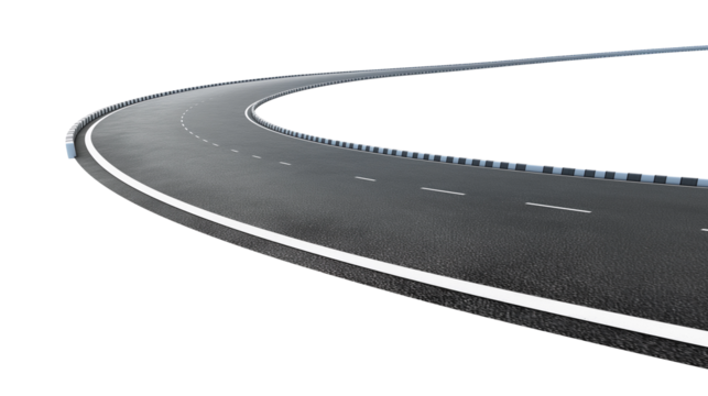 Curved paved blacktop road, with white pavement markings