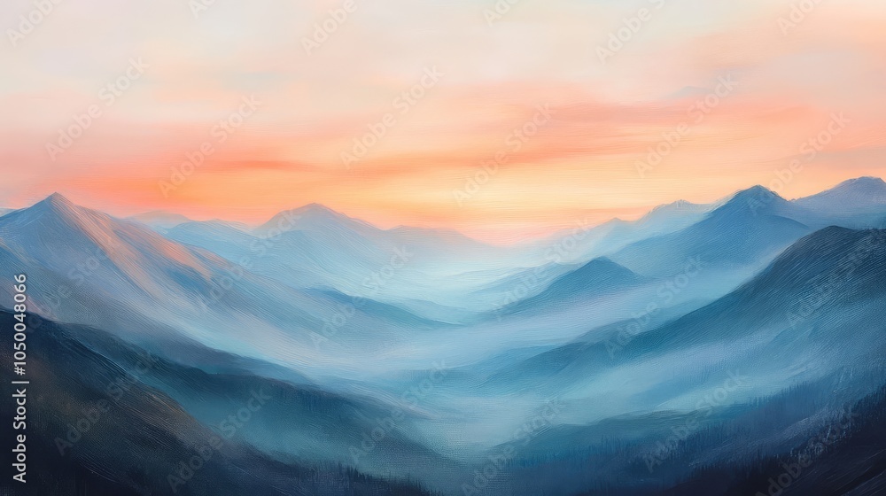 Poster a mountain range at dawn with soft pinks and oranges painting the sky, while the landscape below is 