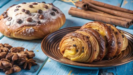 Fototapeta premium Sweet pastries with a dusting of powdered sugar and chocolate chips on a rustic wooden table