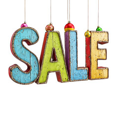 The  word "SALE" in different coloured wooden letters in the style of christmas decorated with christmas balls on transparent background. 