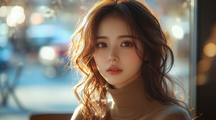 Obraz premium 美女, 女性, 美しい, 顔, モデル, 日本, 韓国, 中国, アジア, カフェ, ファッション