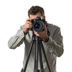 Photographer Capturing an Image with and Tripod on White Background