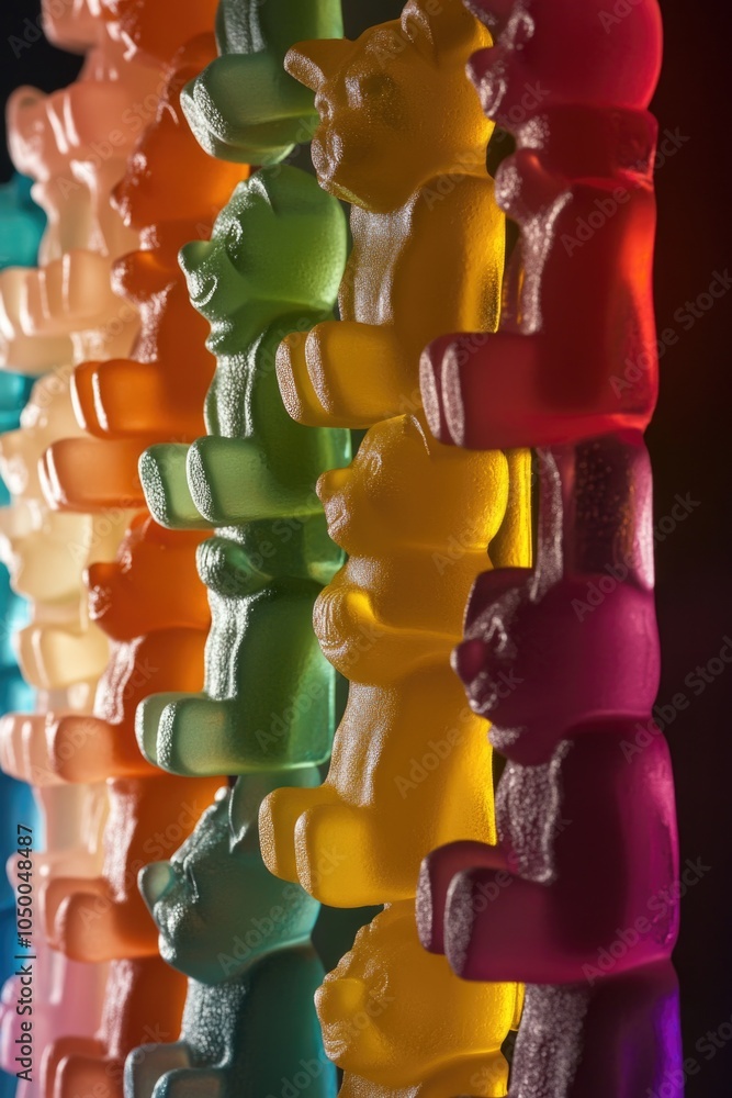 Poster row of colorful bears made of plastic. the bears are in different colors and sizes. concept of fun a