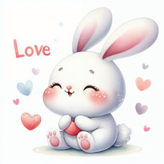 Fototapeta premium Cute cartoon bunny with heart on white background. AI