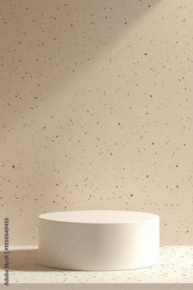 Poster white pedestal with a round base is placed on a white background. the pedestal is empty and he is a 