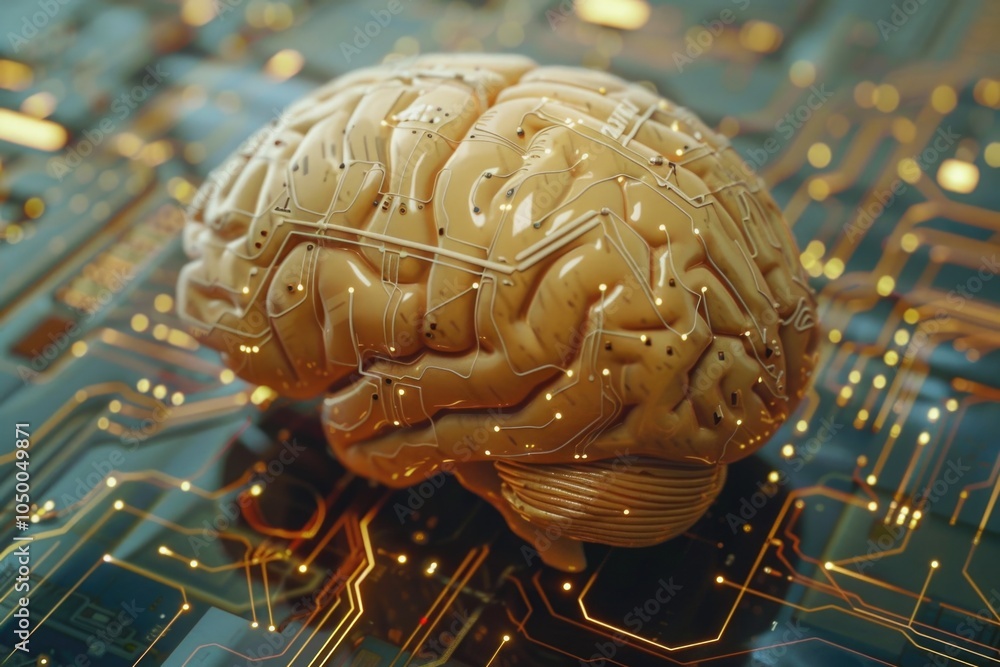 Poster brain is shown on a circuit board. the brain is surrounded by wires and circuits, giving it a futuri