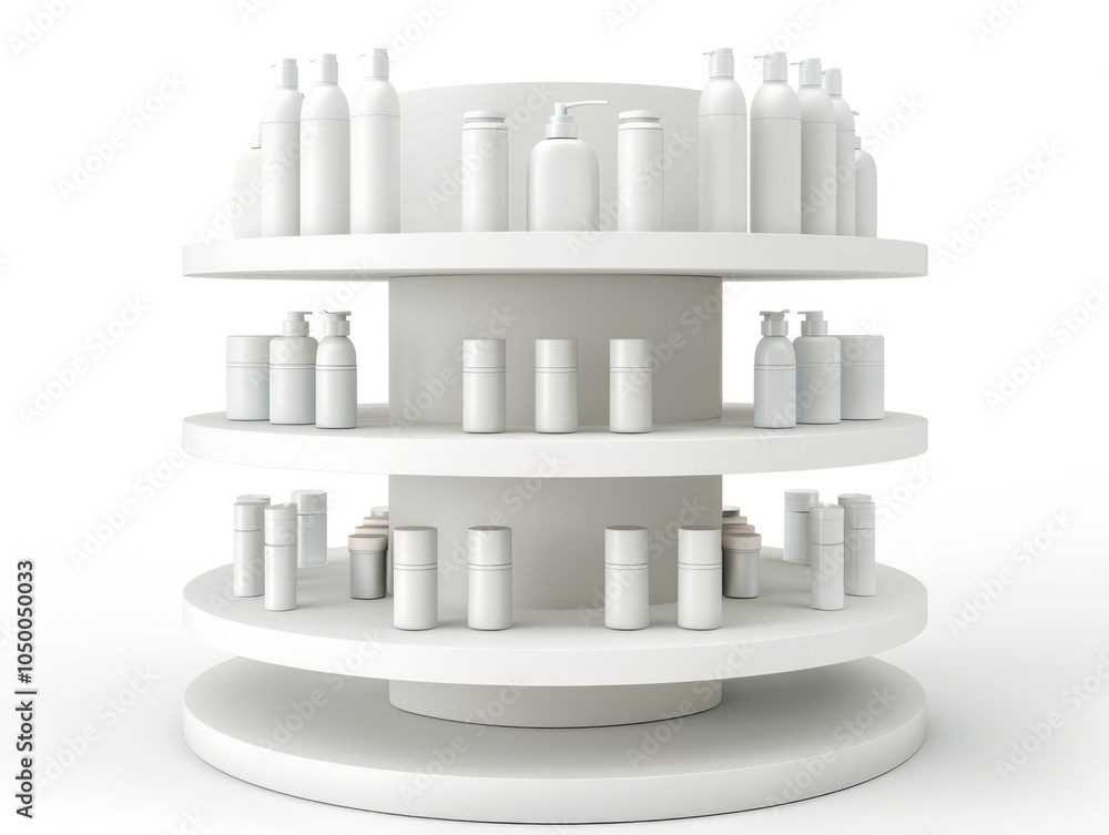 Poster white shelf with many bottles on it. the bottles are all white and are arranged in rows