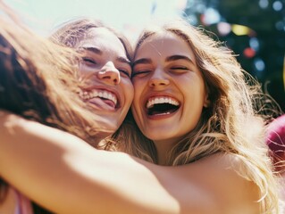 Fototapeta premium Two women are hugging and smiling, one of them has a necklace around her neck. Scene is happy and joyful