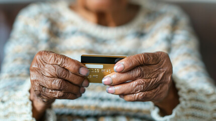 Modern payment methods and ignorance of pensioners how to use them concept. Hands of an senior elderly person with a credit card. 