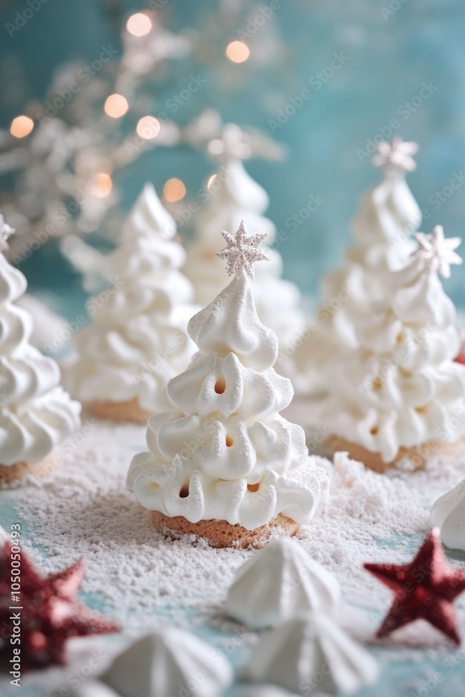 Poster group of white frosted trees with a star on top. the trees are arranged in a row and are surrounded 