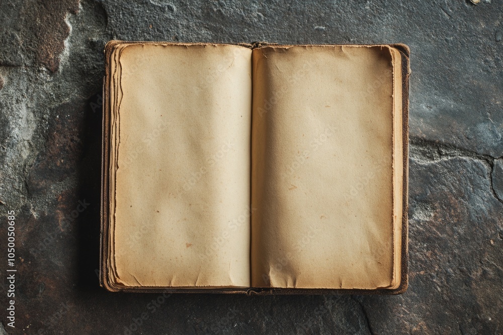 Poster an old book is open to a page with a large blank space. the book is on a stone surface, and the page