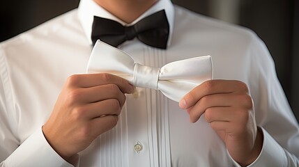 A precise adjustment of a white bow tie, capturing elegance and preparation for formal occasions.