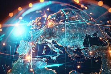 Globe with a blue background and a network of lines connecting it. The globe is surrounded by a blue and white background