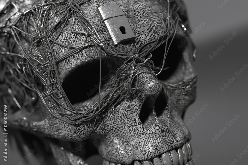 Poster minimalist skull with a lock, where the bones are made of network wires and codes.