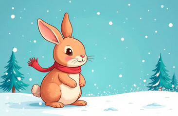 Fototapeta premium Little hare in a red scarf on a winter background. Space for text. Illustration